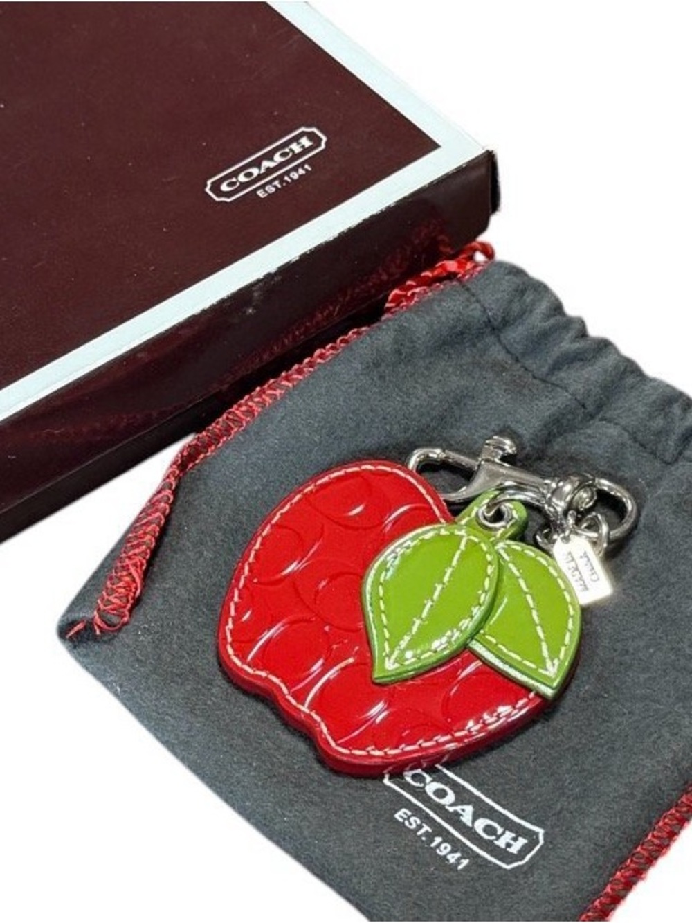 COACH Red Apple Keychain with Green Leaves